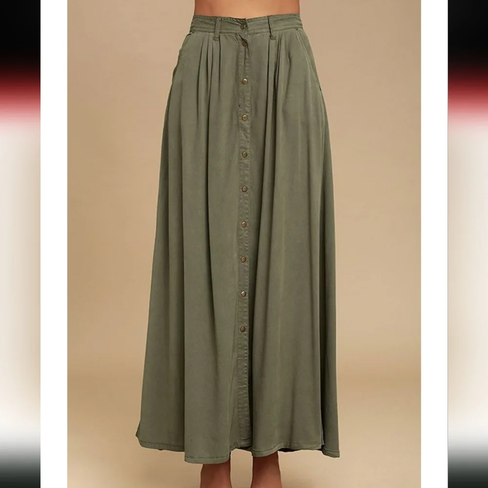 Pistola• Olive Green Maxi Skirt Woth Gold Front Buttons. Sz S - Picture 2 of 8